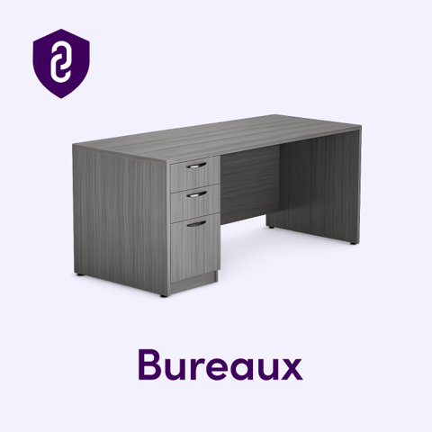 Bureau moderne en bois gris avec trois tiroirs de rangement.