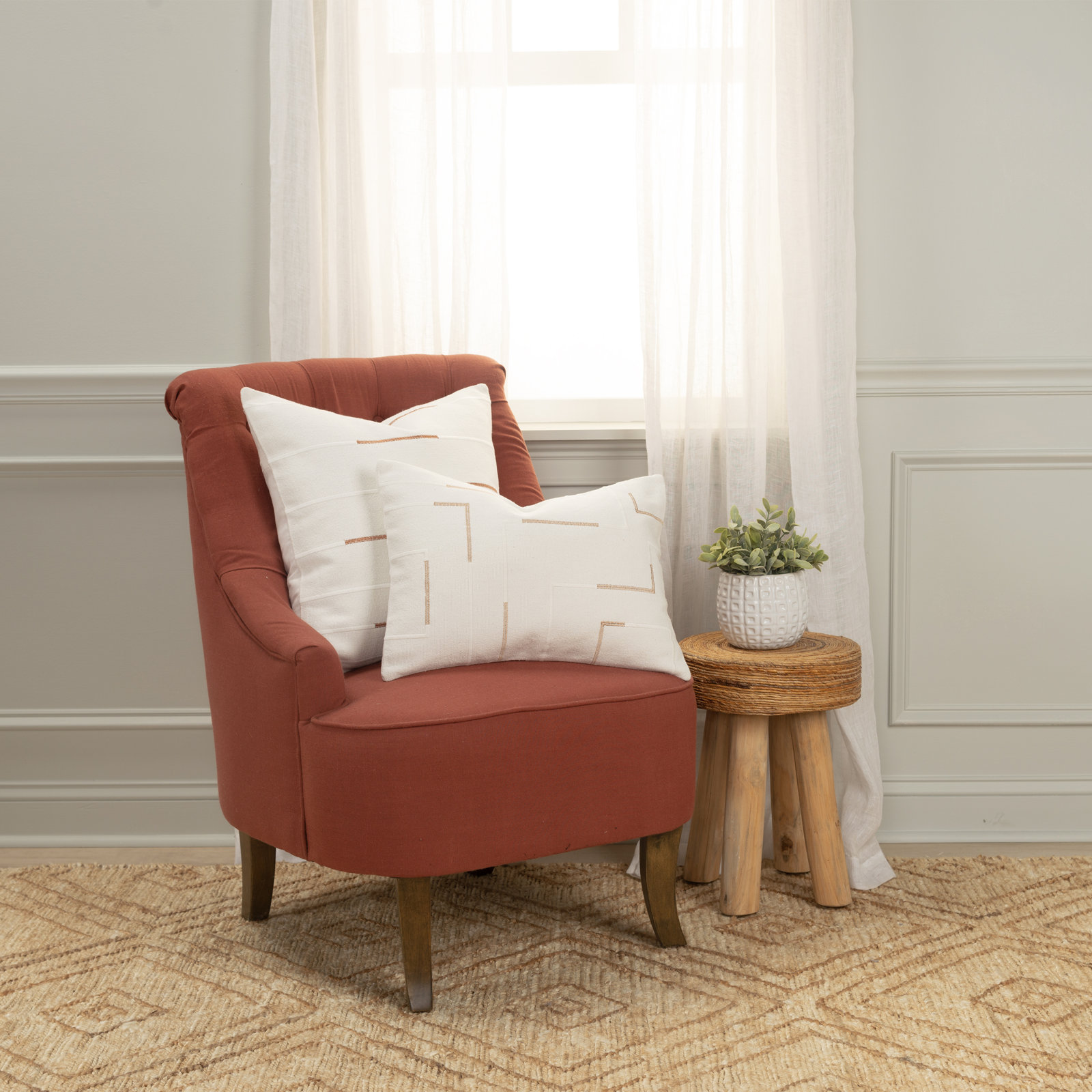 Oda 20" x 20" Embroidered Throw Pillow, Ivory/Brown