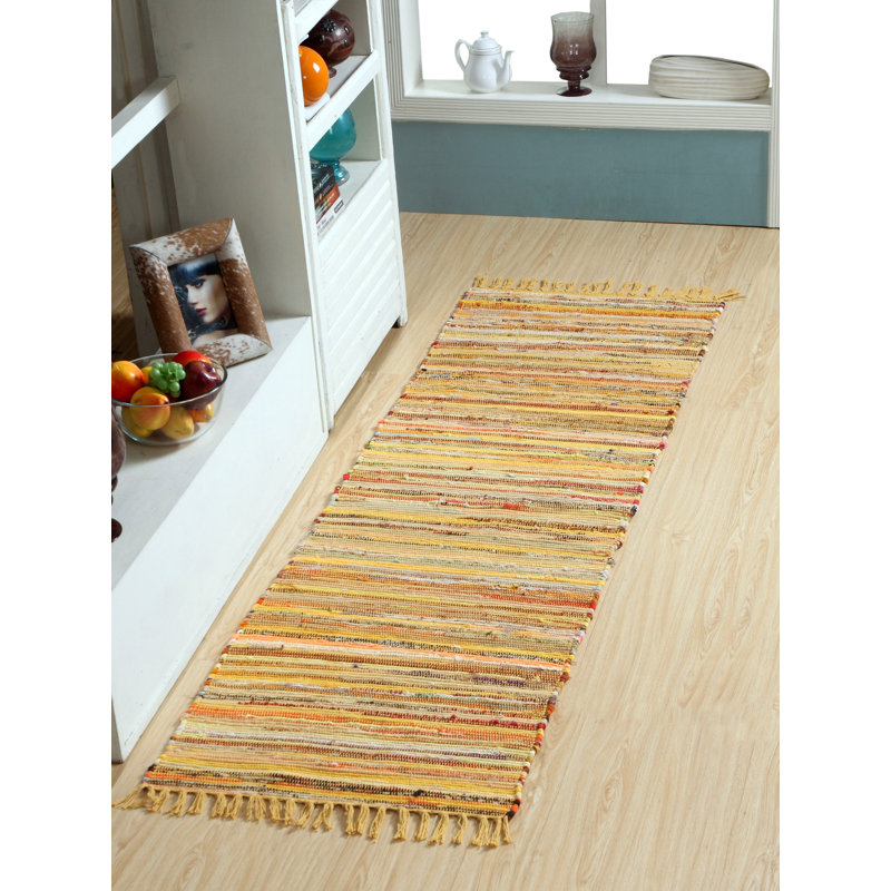 Marone Striped Cotton Hand Woven Area Rug, Runner 60 x 210cm