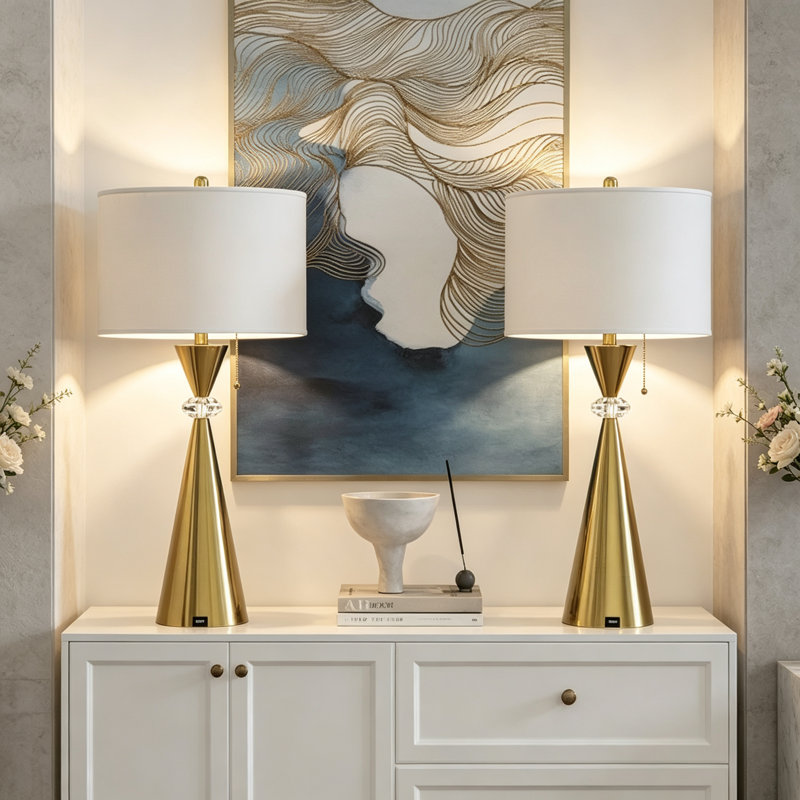 Ensemble de 2 lampes de table en forme de sablier, fini or brossé, 71 cm de hauteur, avec port USB et abat-jour cylindrique blanc, pour chambre ou salon.