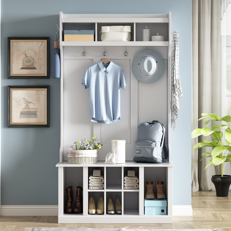 Arbre d'entrée Malby de 39,42 po de largeur avec banc et rangement pour chaussures, Blanc