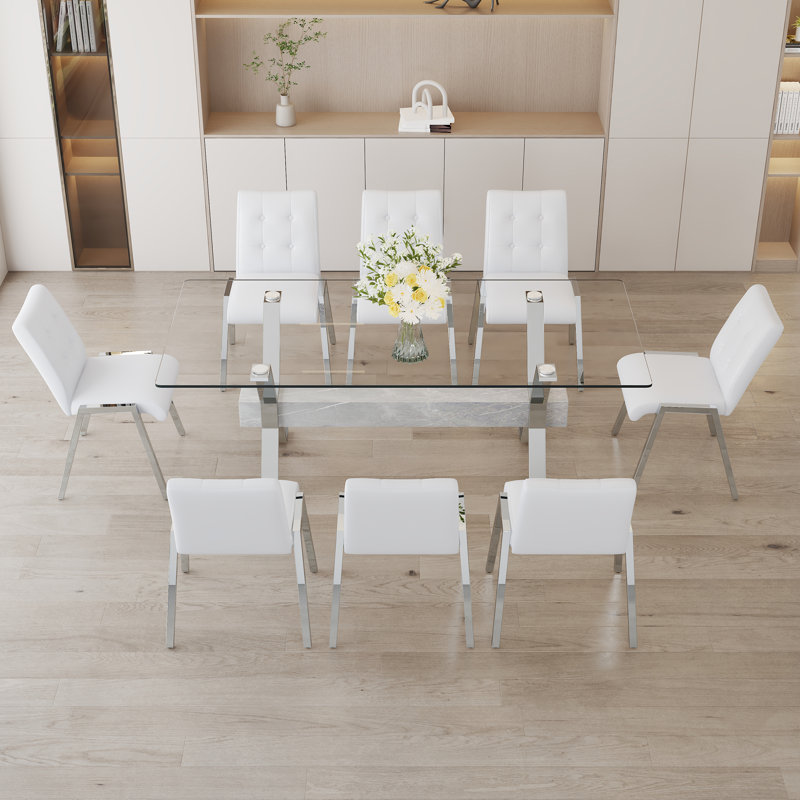 Ensemble de table de salle à manger, Argent/blanc, Blanc, 9