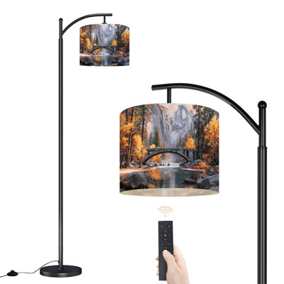  Arc Floor Lamp Autumn Mountain Landscape Stone Bridge Waterfalls Forest Tall Modern Standing Lamp LED Adjustable Linen Lampshade 3 Color Temperatures