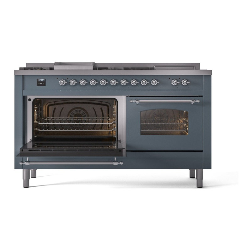 ILVE Nostalgie II 60 Dual Fuel Range, 5 Burners, Griddle, Frenchtop , Midnight Blue/Bronze, Natural Gas