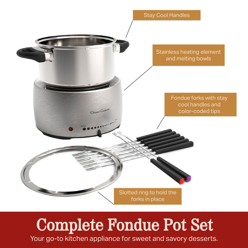 Ensemble de casseroles à fondue en acier inoxydable - Cuiseur électrique pour faire fondre et réchauffer le fromage, le chocolat, etc.