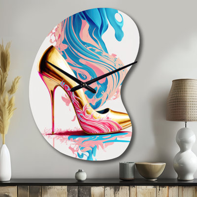 Campfield Pink And Blue Art Deco High Heel Shoes III - Unique Shape Glam Metal Clocks, Asymmetrical Metal Wall Clock Print