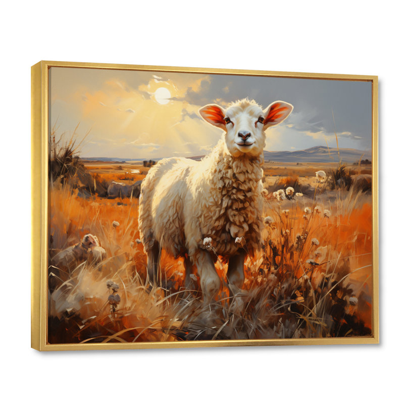 «Sheep In Sunlight I» sur toile, Cadre flottant doré, H 16 po x l 32 po x P 1 po