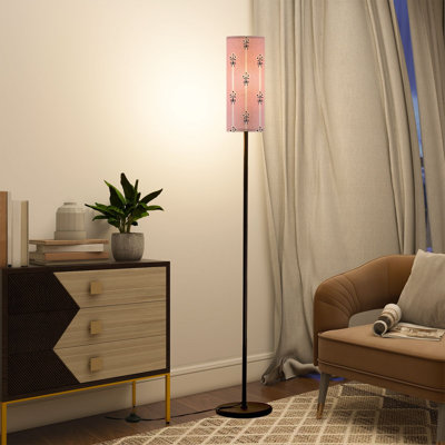  68.5" Standing Floor Lamp Minimal Floral Bouquet Seamless Black Dimmable Metal Pole Lamp with Linen Lampshade LED Bulb Included