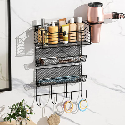 Metal Hair Tool Organizer Wall Mount, Hair Dryer Holder With 3 Tier Shelf Basket Hooks, Bathroom Hair Styling Tool Organizer For Curling Iron/Blow Dry -  Rebrilliant, CC70C5E177774F1B83347C52577A989A