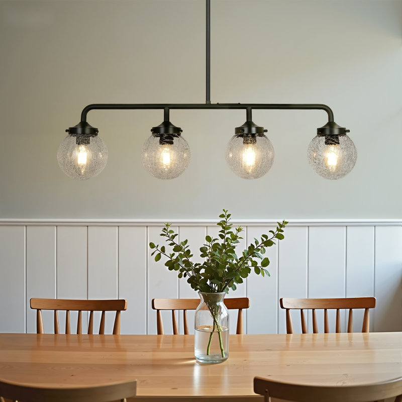 Luminaire suspendu 4 lumières noir moderne avec îlot de cuisine linéaire avec abat-jour en verre craquelé pour la cuisine, la salle à manger et le bar