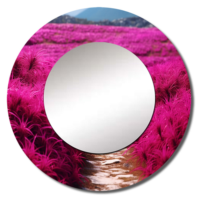 Sharrone Fushia Blooming Abstraction II - miroir décoratif floral, miroir mural rond traditionnel, impression d'art en métal
