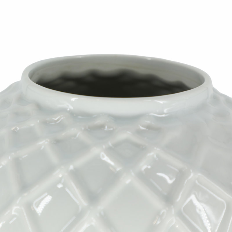 Pot décoratif en céramique avec couvercle texturé et détails élégants Ellport, H 14 po x l 7 po x P 7 po, Blanc / Doré