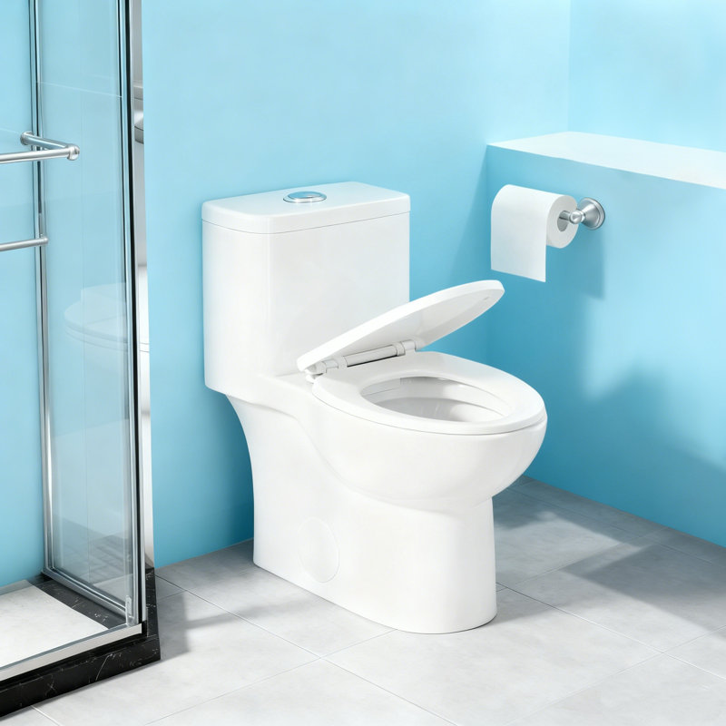 Toilette monobloc en céramique blanche à cuve allongée avec fermeture en douceur et siège à dégagement rapide