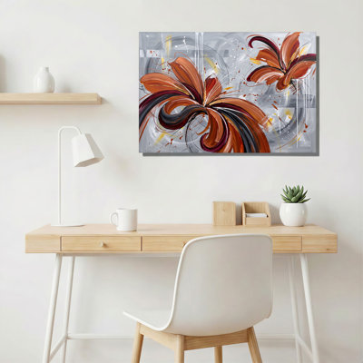 Tableau sur toile à motifs floraux abstraits orange brûlé et noirs