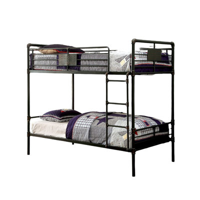 Industrial Style Bunk Bed Attached Ladder Full Metal And Pipe Inspired Structure Upper Guard Rails
