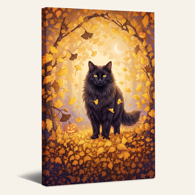 Art noir sur toile, "Chat noir dans la forêt d'automne dorée avec citrouilles", H 24 po x l 16 po