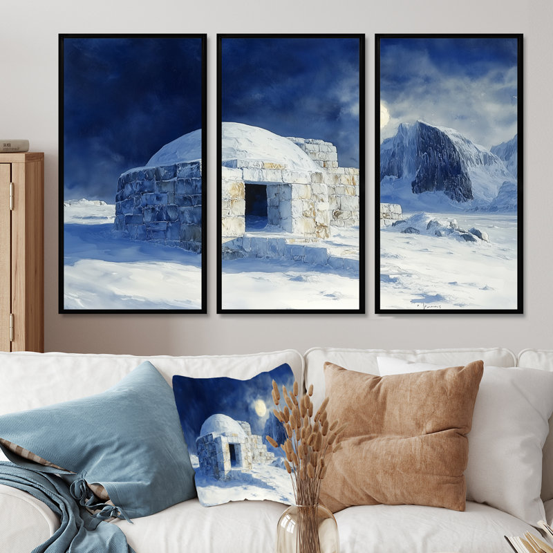 Igloo en bleu et blanc II - ensemble d'art mural paysage d'hiver, H 28 po x l 36 po x P 1 po, Toile avec cadre flottant noir