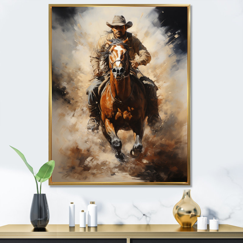 «Yoosuf Cowboy Prairie Wind II - Cowboys», reproduction d'art sur toile, H 20 po x l 12 po x P 1 po, Cadre flottant doré