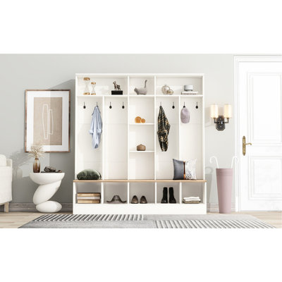 Élégant portemanteau avec porte-chaussures et crochets à manteaux, rangement minimaliste blanc pour armoire d'entrée