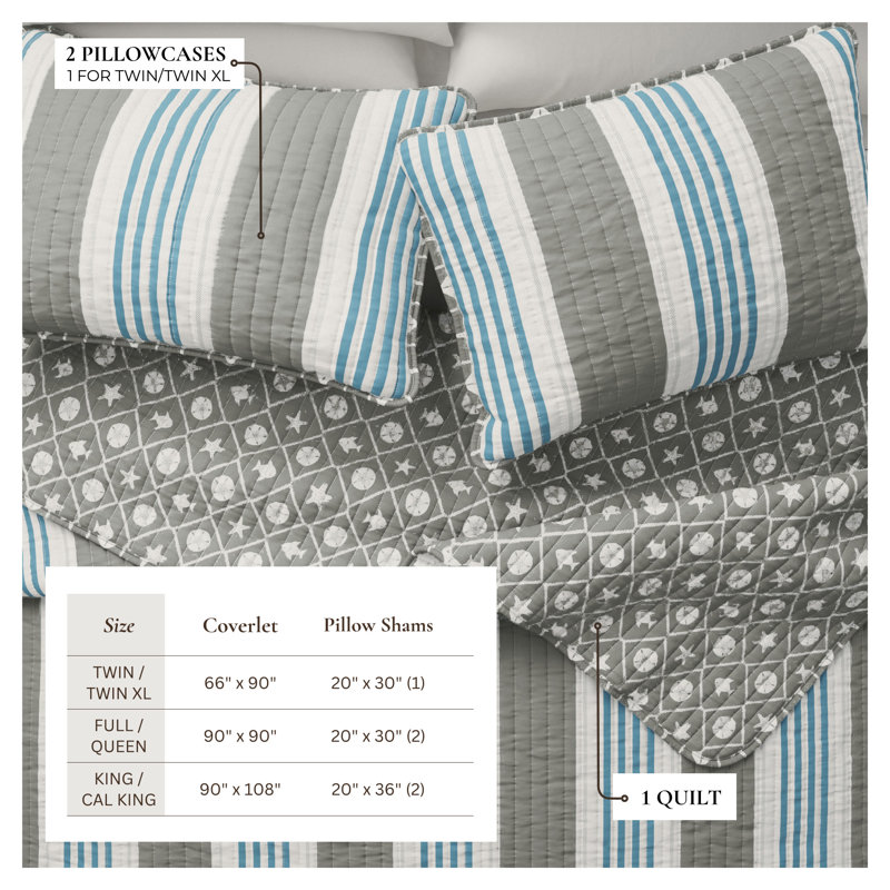 Coastal Inspired Striped Reversible Quilt Set with Shams, King Quilt + 2 King Shams