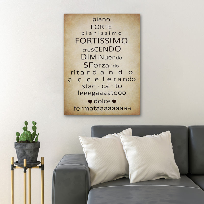 Piano, mots de passe - art textuel sur toile tendue, H 20 po x l 16 po x P 2 po