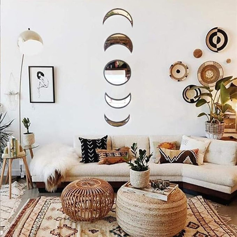 5 pièces de décoration murale scandinave décorative en acrylique miroir d'intérieur design d'intérieur en bois lune phase miroir bohème décoration murale pour la maison salon chambre à coucher - acrylique, pas vrai miroir (beige)