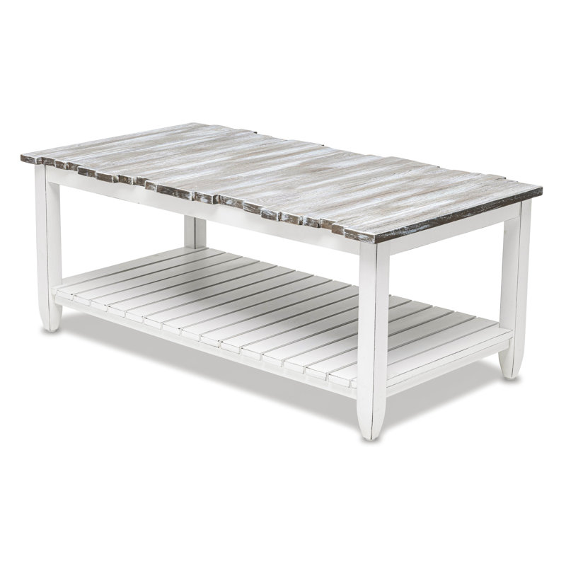 Decastro Solid Wood Coffee Table with Storage - Distressed White Wash Coastal, Gray/Black