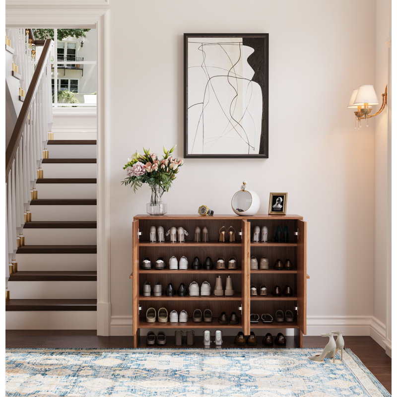 30 Pair Walnut Shoe Cabinet with Adjustable Shelf for Entryway 