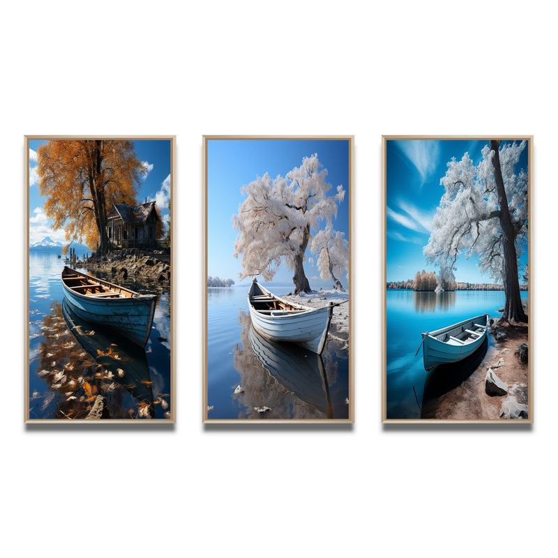 «Blue Lakeside Hideaway», 3 pièces sur toile, Encadré naturel, H 28 po x l 36 po