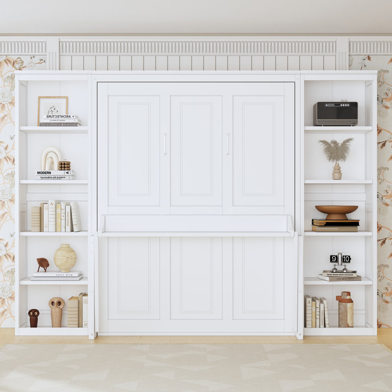Lit escamotable Azfar avec bureau et bibliothèque, Grand, Blanc