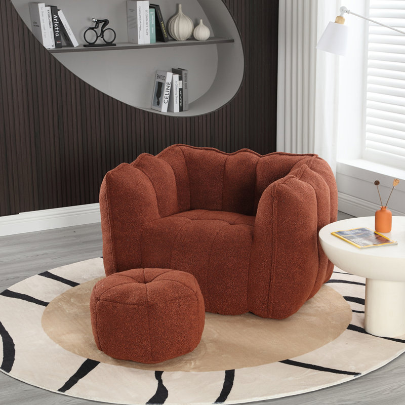 Fauteuil à billes avec repose-pieds Lazy, Chenille brun-rouge