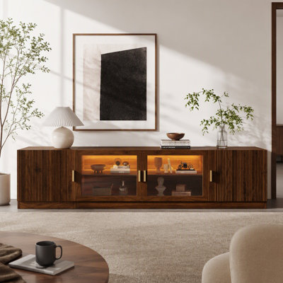 Meuble télé de 74 po avec portes vitrées et éclairage DEL, console multimédia avec tablette réglable pour salon ou chambre