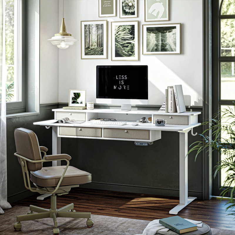 Euri Height Adjustable Standing Desk with Drawers, 46" H x 48" W x 24" D, White