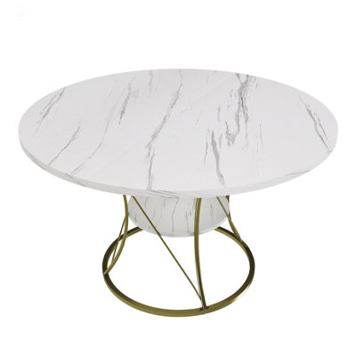 43 Inch Round Extendable Dining Table For 4-6, Farmhouse Kitchen Table With Storage Shelf &  Metal Base, Marble Veneer Table From 43 To 59 Inch, Large Round Table For Home (No Chairs)