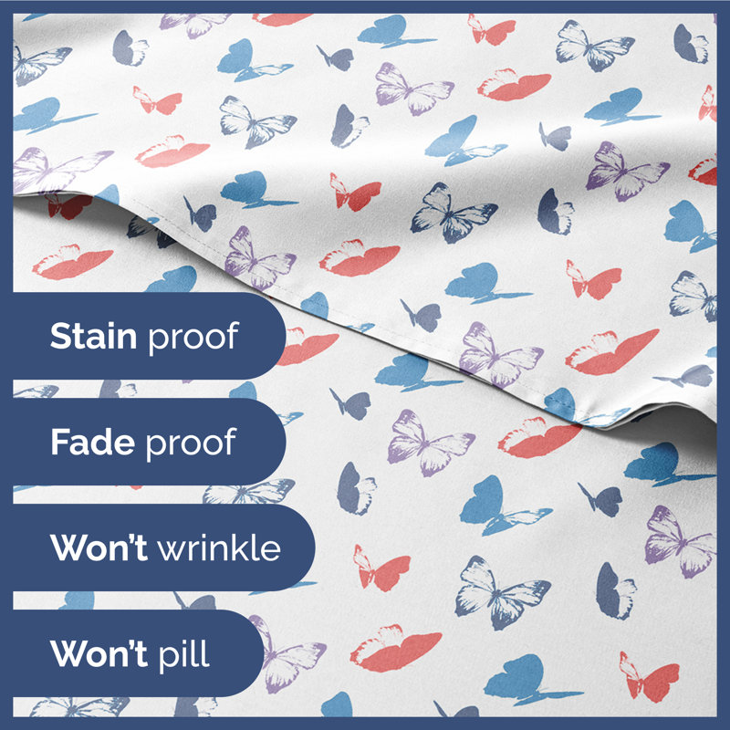 Queen Size Blue and White Butterfly Print Microfiber Sheet Set