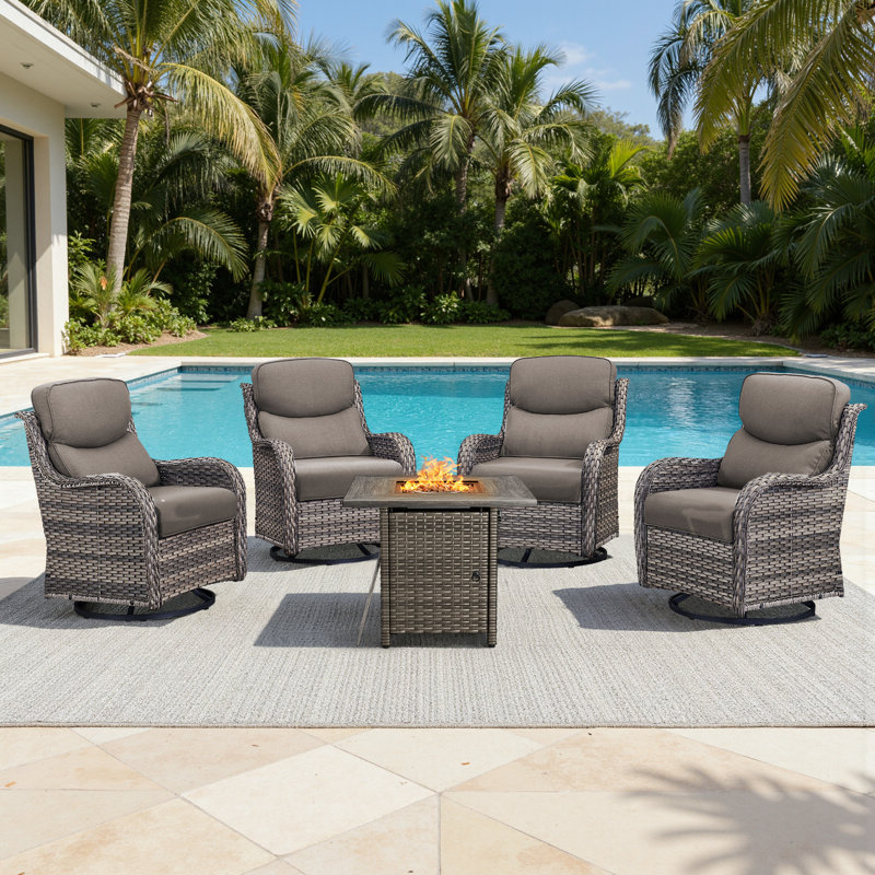 4 - Person  Outdoor Wicker Fire Pit Seating Set With Swivel Glider Chairs, Gray, Gray