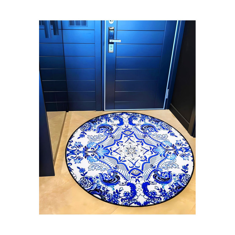 Tapis rond rond à motif tissé bleu lavable à la machine, Sous-tapis rond 3 pi 3 po inclus