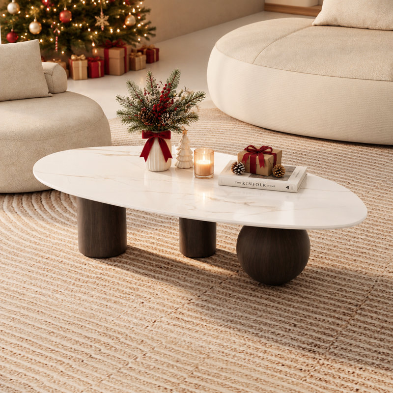 54" Coffee Table, Sintered Stone Table-top, 3 Stainless Steel legs, Free form, White/Brown