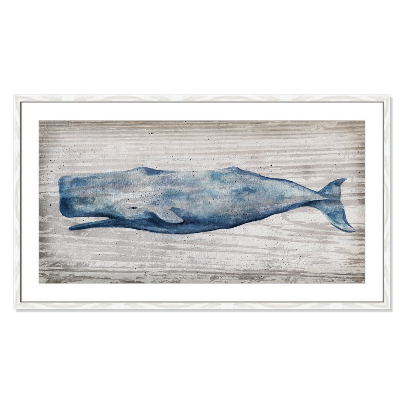 " Blue Whale ", 23.5'' H x 41.5'' W x 0.75'' D, White Slim Frame - Matted Fine Art Paper Print