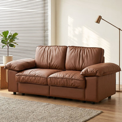 Wrought Studio Oneita 79" Modern Executive Faux Leather Sofa with 2 Hidden Storage Compartments & Pocket Spring Comfort - Professional Rich Brown Office Couch with Pillow-Top Arms