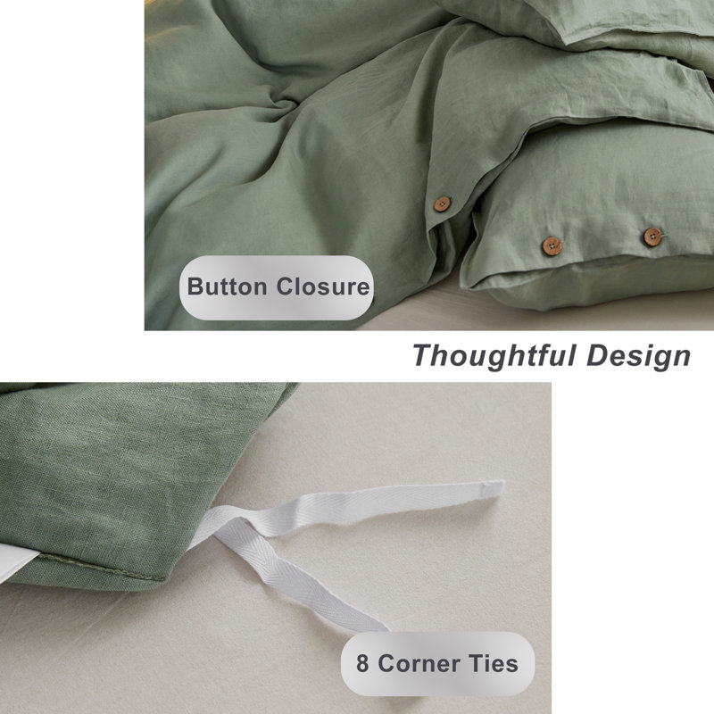 TOSMO 100% Linen Duvet Cover Set with Button Closure,Soft Breathable Durable Farmhouse Bedding, Light Green