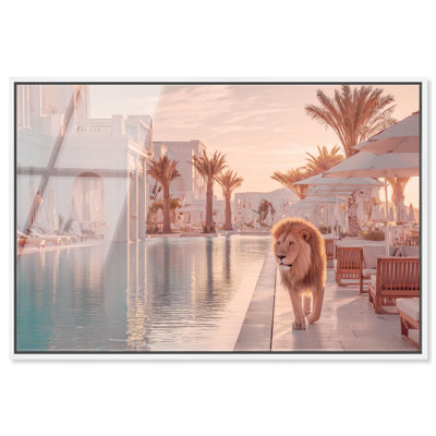 «Lion at the Resort», reproduction d'art acrylique encadrée par Notoriart, cadre blanc, 15 x 10