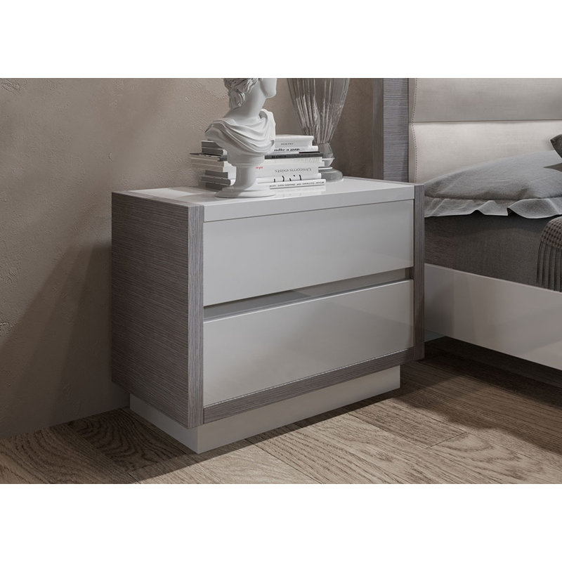 Table de chevet 2 tiroirs Modern - blanc brillant avec accents de bois gris