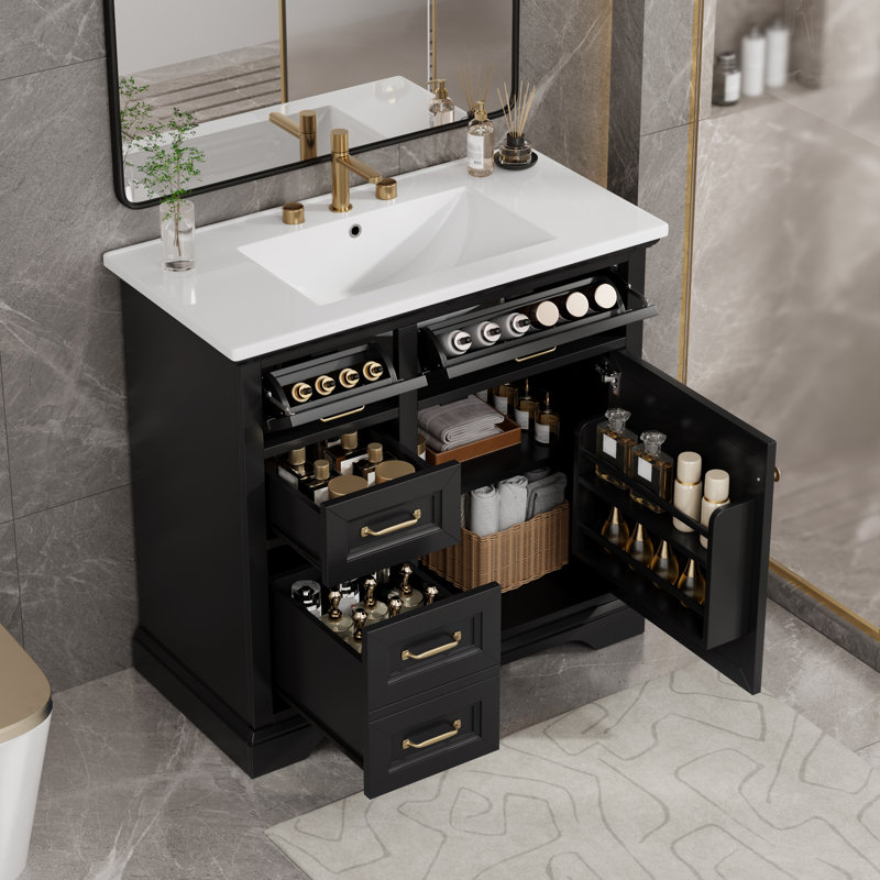 Meuble-lavabo 36 po avec lavabo en céramique, meuble-lavabo autoportant avec robinet pré-percé pour robinet de 8 po, Noir