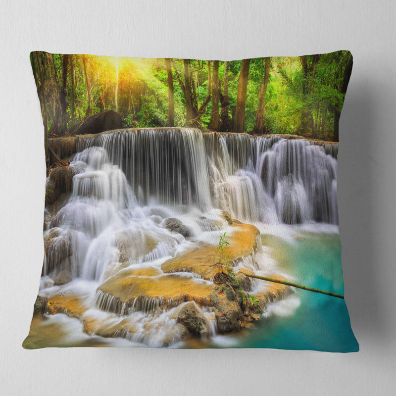 Wide View of Erawan Waterfall - Landscape Printed Pillow, Throw Pillow, 16" x 16"