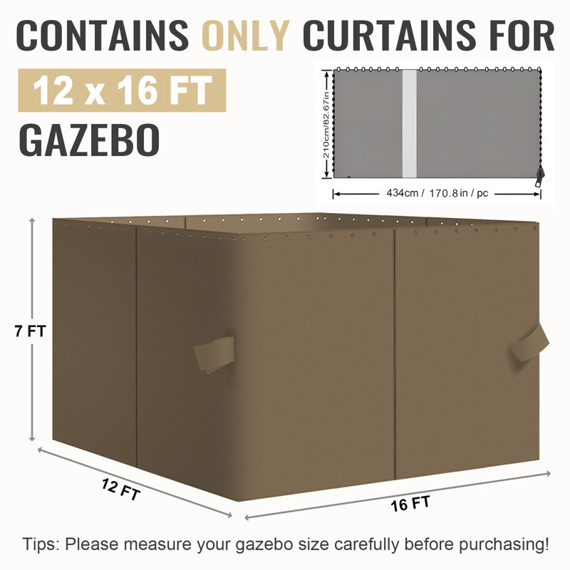 4-Panel Outdoor Gazebo Curtains, Light Coffee, 82.7" H x 144" W192" D