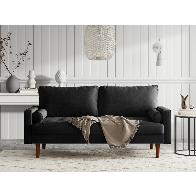 Sellner 70" Velvet Square Arm Tufted Seat Sofa, Black Velvet