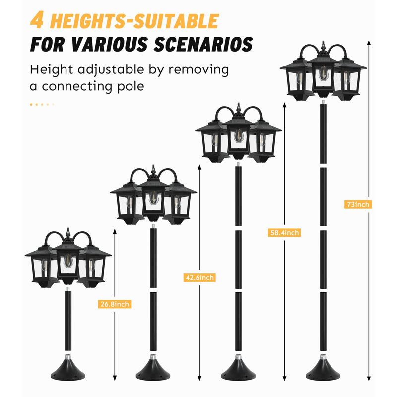 3-Head Aluminum Solar Lamp Post Light With Dusk-To-Dawn Sensor