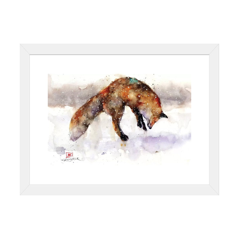 Jumping Fox by Dean Crouser - Painting, 16" H x 24" W x 1" D, White Paper, White