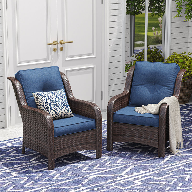 Stylish Outdoor Woven Rattan Single Sofa, Navy Cushion/Brown Frame